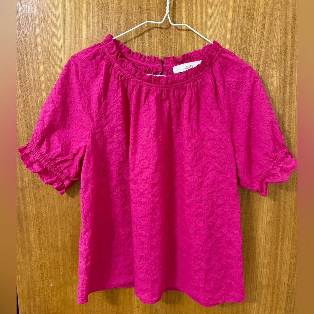 LOFT Fuchsia Eyelet Puff Sleeve Blouse